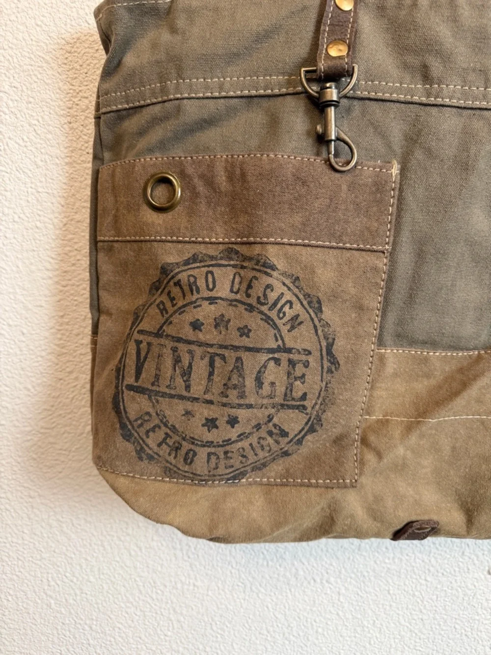 MYRA Military Canvas and Leather Tote Bag Vintage Utility
